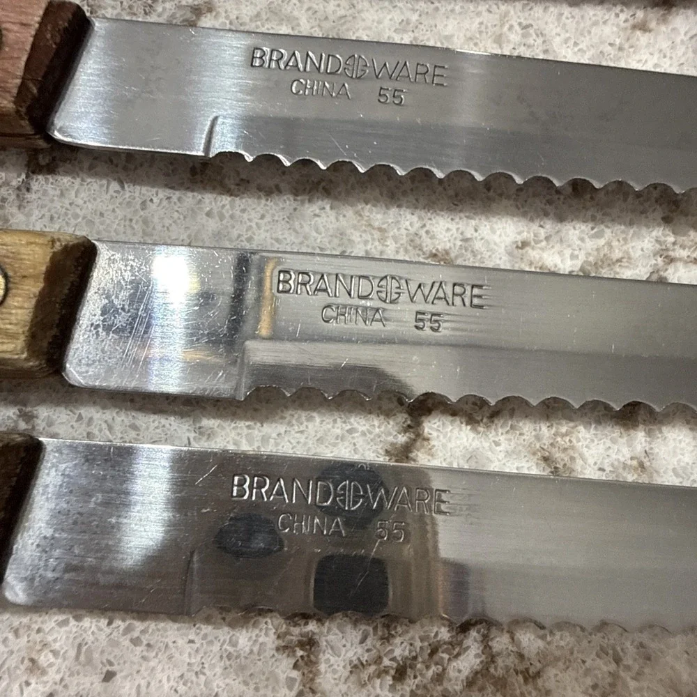 6 Vintage Brand Ware Stainless Steel Steak Knives Wooden Handles Dainty